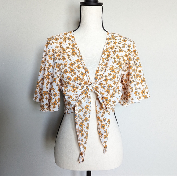 White orange and blue floral flounce sleeve cropped tie front top size XL - Picture 1 of 8